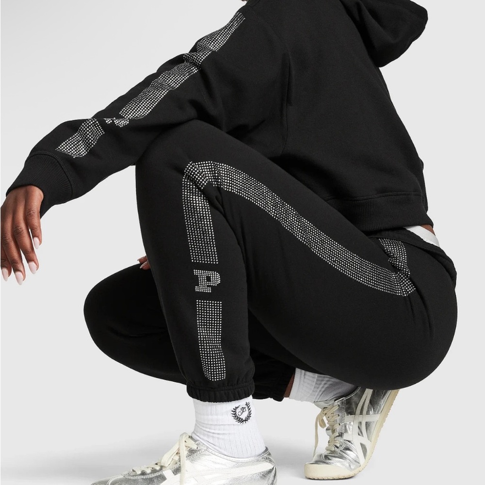 Victoria's Secret Pink Bling Rhinestone Logo Crop Hoodie + Gym Pants Set Black M